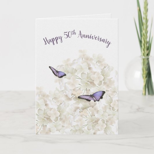 Carte Papillons du 50e anniversaire sur hydrangea blanc (Devant)