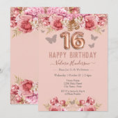 Carte Papillons floraux rose joyeux 16e anniversaire (Devant / Derrière)