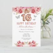 Carte Papillons floraux rose joyeux 16e anniversaire (Debout devant)