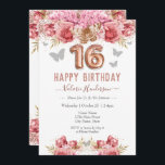Carte Papillons floraux rose joyeux 16e anniversaire<br><div class="desc">Parties scintillant fille,  arrière - plan rose millénaire,  avec une typographie de nom de script sophistiquée. Faux rose or 16 ballons texte. Roses roses et papillon au-dessus de la frontière. Idéal pour fêtes douces de 16.</div>