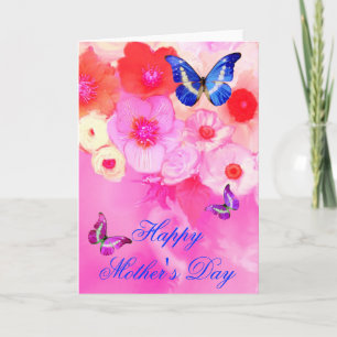 CARTE PAPILLONS, ROSES ROSES ROUGES ET FLEURS D'ANÉMONE