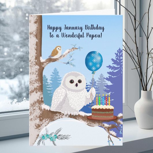 Carte Papou Happy January Birthday Snowy Owl