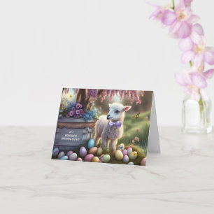 Carte Pâques de petite-fille avec agneau et œufs de Pâqu