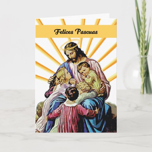 Carte Pâques espagnol Jésus avec enfants et rayons (Devant)