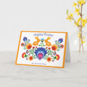 Carte 🐰 Pâques Folklore avec 2 lapins, orange (Fleur jaune)