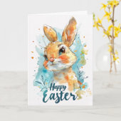 Carte Pâques lapin aquarelle adorable (Fleur jaune)