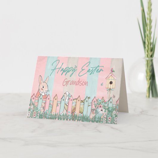 Carte Pâques, Petit-fils, Jardinage du lapin, clôture (Devant)