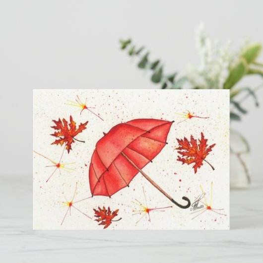 Carte Parapluie rouge vif et aquarelle feuille rouge (Debout devant)
