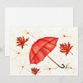 Carte Parapluie rouge vif et aquarelle feuille rouge (Devant / Derrière)