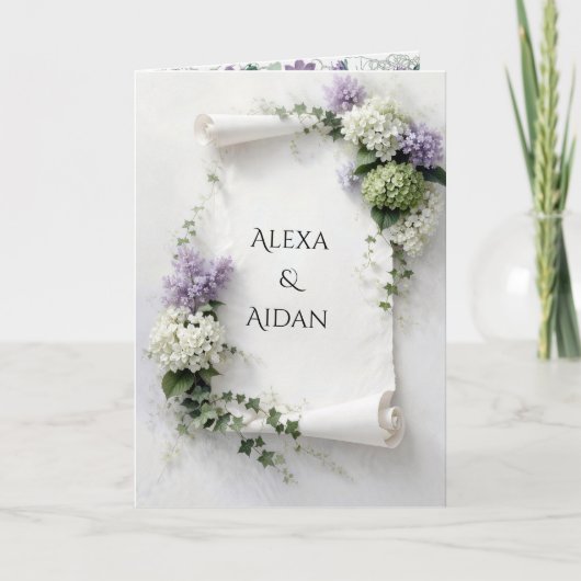 Carte Parchemin de mariage aux lilas et hydrangeas (Devant)