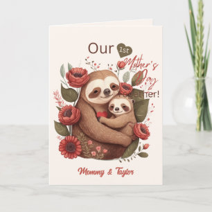 Carte Paresseux aquarelle et bébé, Première fête des Mèr