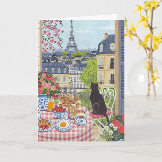 Carte Paris Balcony Cat Breakfast Eiffel Tower Greeting (Fleur jaune)