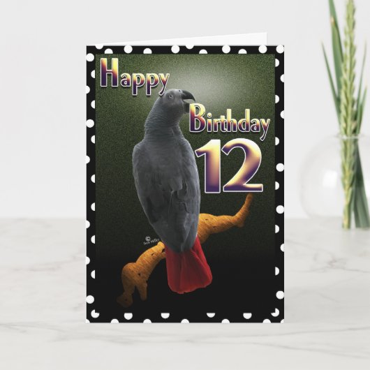 Carte Parrot Africain Gris /gris Joyeux 12 Anniversaire (Devant)