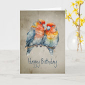 Carte Parrot Couple Inséparable voeux d'anniversaire (Fleur jaune)