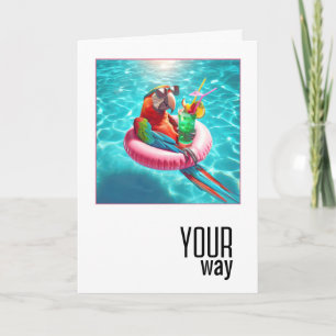 Carte Parrot Macaw Avec Cocktail Flottant Dans Une Pisci