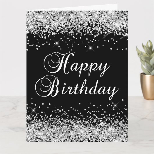 Carte Parties scintillant Argent Noir Joyeux Anniversair (Petite plante)