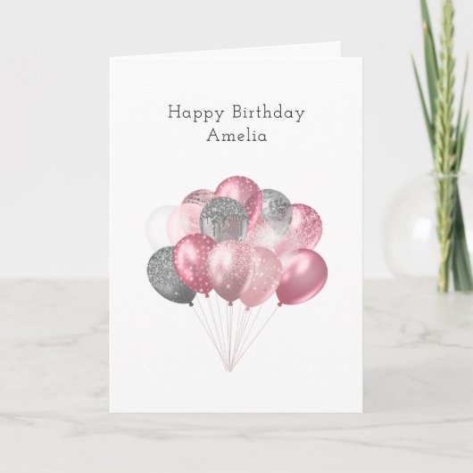 Carte Parties scintillant Balloon Bunch rose et argent A (Devant)