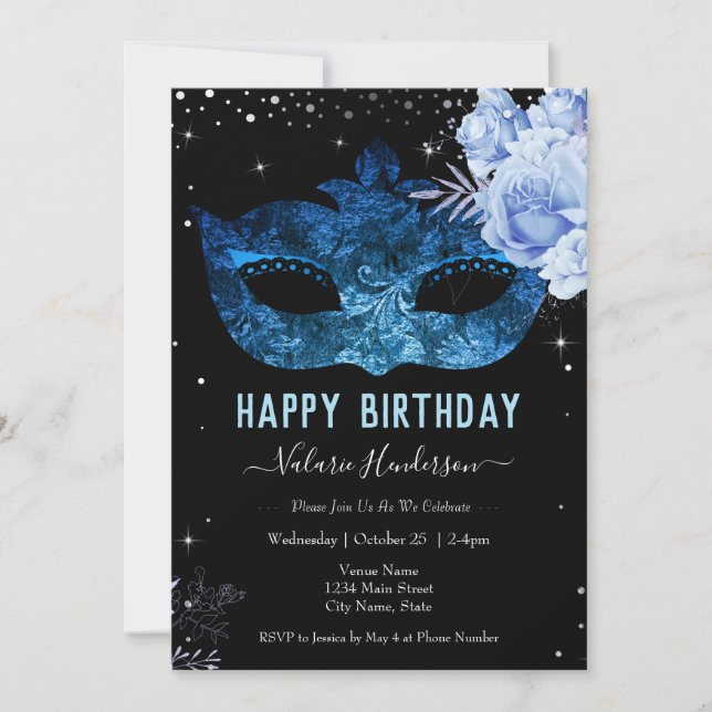 Carte Parties scintillant Bleu clair Masquarade Annivers (Devant)