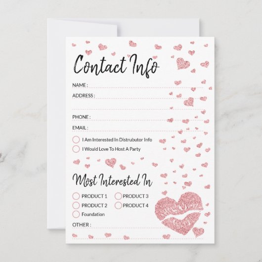 Carte Parties scintillant coeur rose lèvres Coordonnées (Devant)