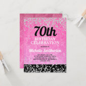 Carte Parties scintillant d'argent rose noir Adulte 70e (Devant/Arrière en situation)