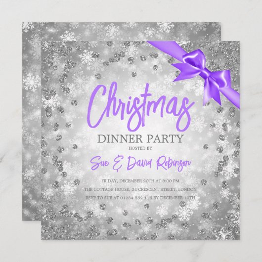 Carte Parties scintillant Diamants d'argent Ribbon viole (Devant / Derrière)