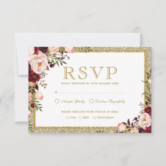Carte Parties scintillant d'or Burgundy Blush Floral Wed (Devant)