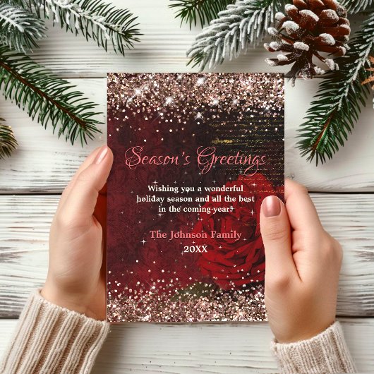 Carte Parties scintillant d'or de fleur rouge chic Noël 