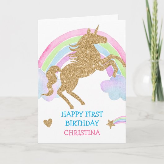 Carte Parties scintillant d'or Unicorn Rainbow Girl Anni (Devant)