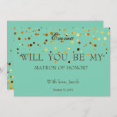 Carte Parties scintillant d'or vert MATRON D'HONNEUR (Devant / Derrière)