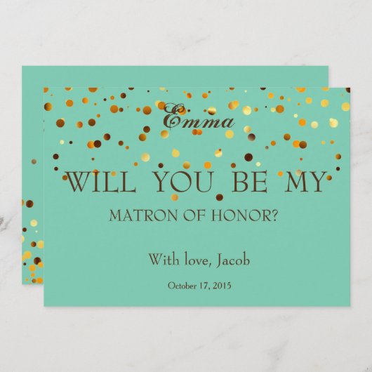 Carte Parties scintillant d'or vert MATRON D'HONNEUR (Devant / Derrière)