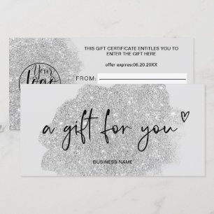 Carte parties scintillant en argent logo cadeau certific
