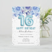 Carte Parties scintillant florale Bleu clair Joyeux 16e  (Debout devant)