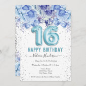 Carte Parties scintillant florale Bleu clair Joyeux 16e  (Devant / Derrière)