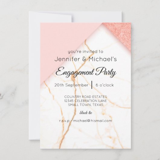 Carte Parties scintillant moderne en marbre rose et or F (Devant)