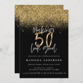 Carte Parties scintillant moderne noir et or 50e anniver (Devant / Derrière)