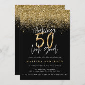 Carte Parties scintillant moderne noir et or 50e anniver (Devant / Derrière)