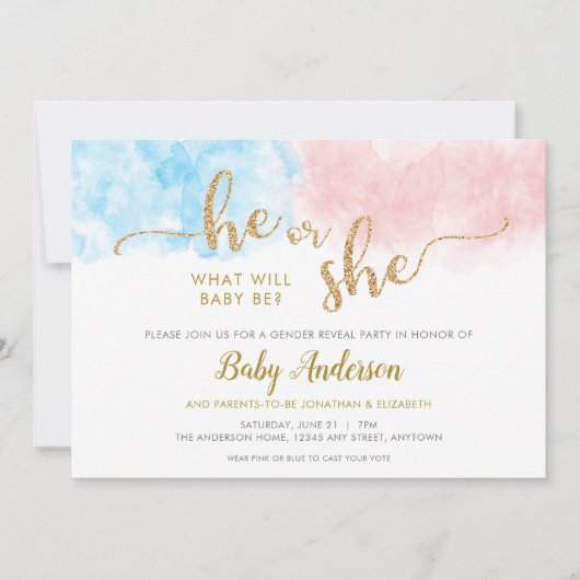 Carte Parties scintillant or rose ou bleu Genre Reveille (Devant)