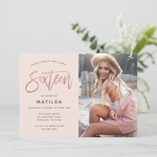 Carte parties scintillant rose en or girly photo douce 1 (Debout devant)