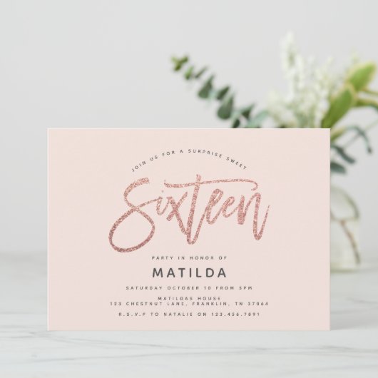 Carte parties scintillant rose en or girly surprise douc (Debout devant)