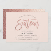 Carte parties scintillant rose en or girly surprise douc (Devant / Derrière)