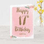 Carte Parties scintillant rose et or 17e anniversaire (Fleur jaune)