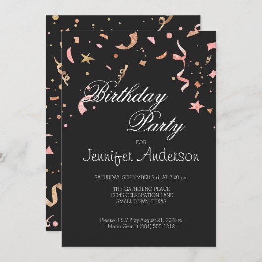 Carte Parties scintillant rose et or Confetti sur Arrièr (Devant / Derrière)