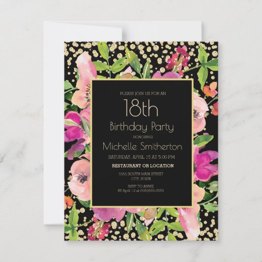 Carte Parties scintillant rose Floral Black Gold 18e ann (Devant)