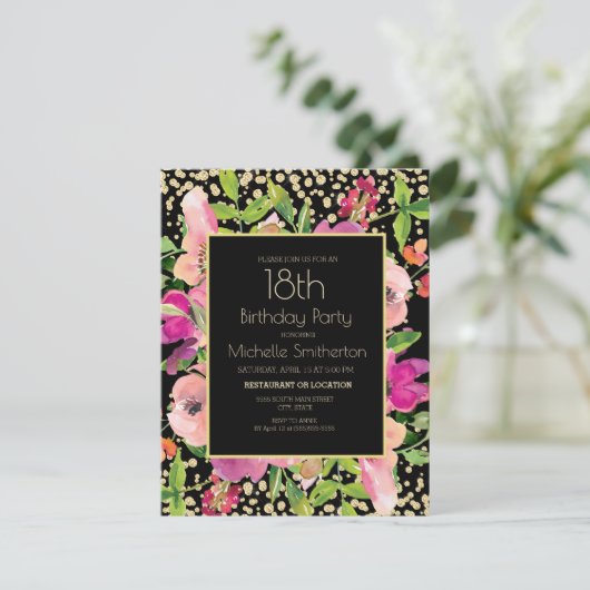 Carte Parties scintillant rose Floral Black Gold 18e ann (Debout devant)