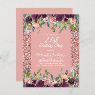 Carte Parties scintillant rose Purple Floral 21e anniver