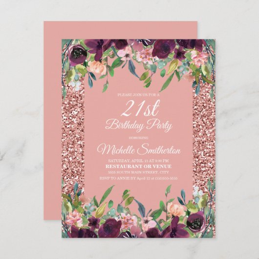 Carte Parties scintillant rose Purple Floral 21e anniver (Devant / Derrière)