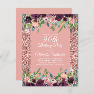 Carte Parties scintillant rose Purple Floral 90e anniver