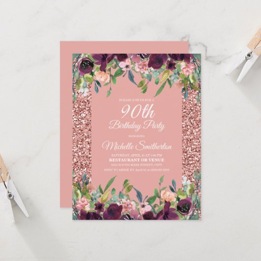 Carte Parties scintillant rose Purple Floral 90e anniver (Devant/Arrière en situation)