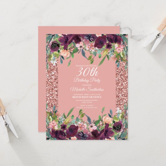 Carte Parties scintillant rose Purple Floral Femme 30e a (Devant/Arrière en situation)