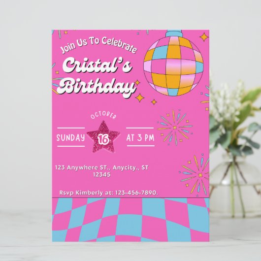 Carte Parties scintillant rose Retro Poupée Anniversaire (Debout devant)